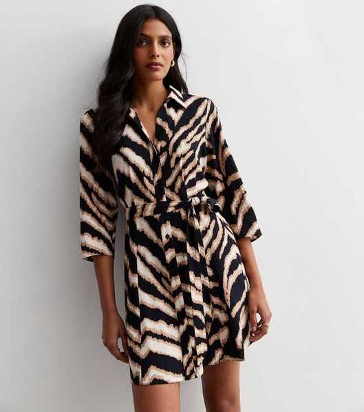 Black Tiger Print Mini Shirt Dress